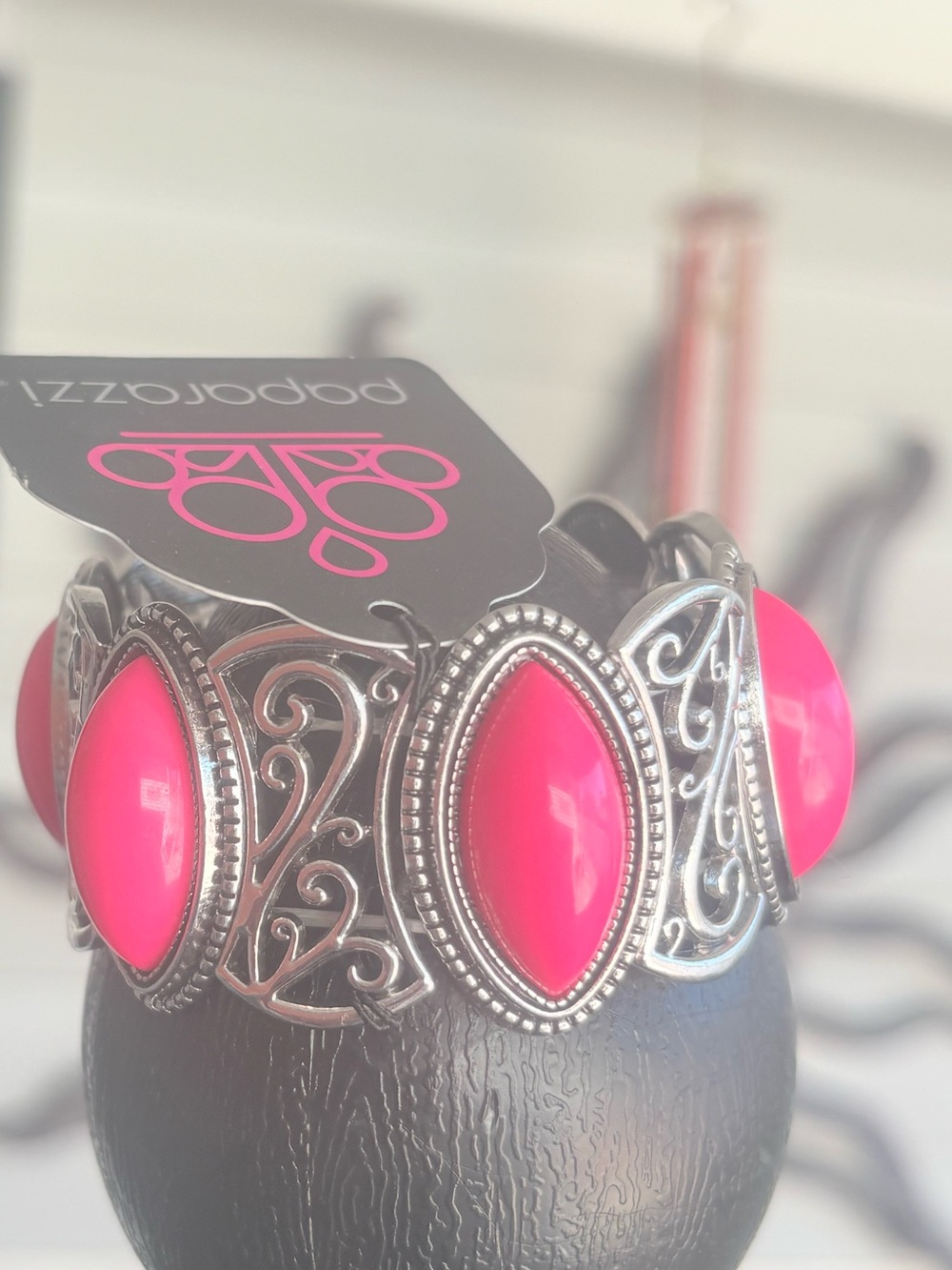 Silver Filigree Bracelet with Hot Pink Stones